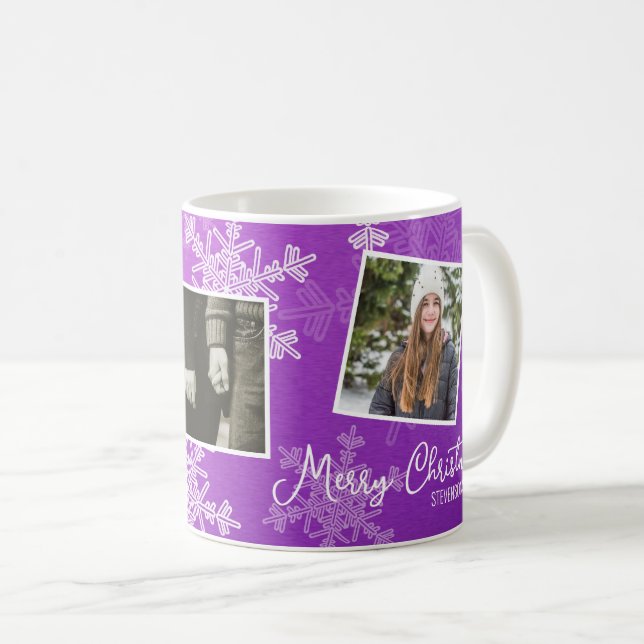 Frohe Weihnachten Lila Schneeflocken FotoCollage Kaffeetasse (VorderseiteRechts)
