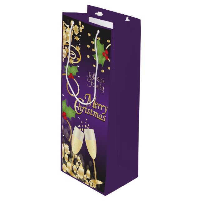 Frohe Weihnachten Lila und Gold Geschenktüte Für Weinflaschen (Vorderseite Schrägansicht)