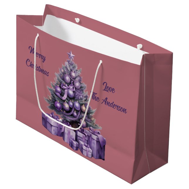 Frohe Weihnachten lila Weihnachtsbaum Große Geschenktüte (Vorderseite Schrägansicht)