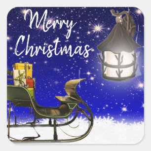 Frohe Weihnachten Lit Lantern & Sled Quadratischer Aufkleber