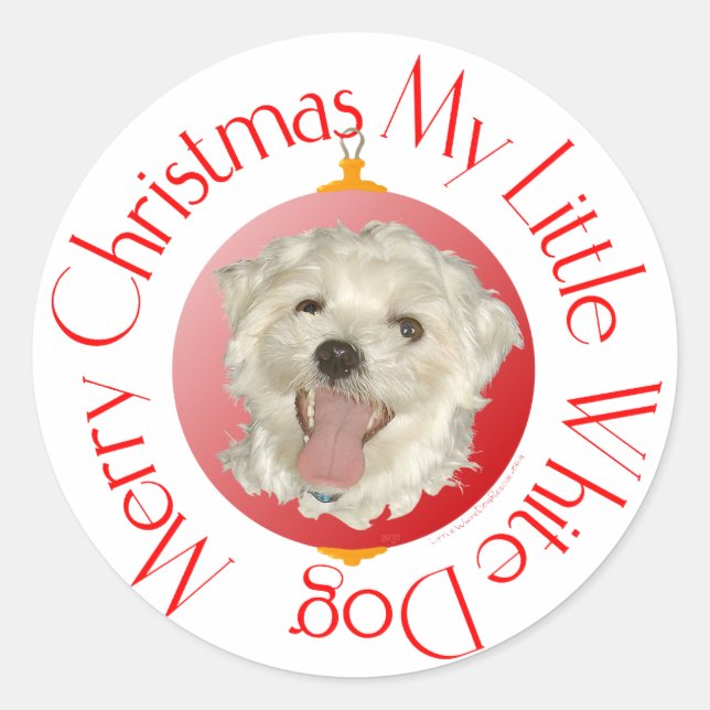 Frohe Weihnachten Little White Dog Runder Aufkleber (Vorderseite)