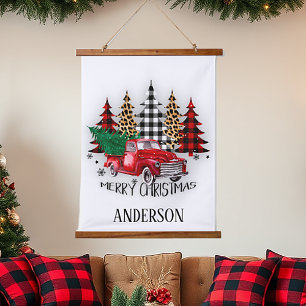 Frohe Weihnachten LKW und Bäume personalisiert Wandteppich Mit Holzrahmen