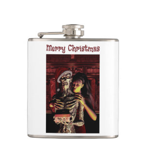 Frohe Weihnachten. Lustiges Skelett mit Frau Flachmann