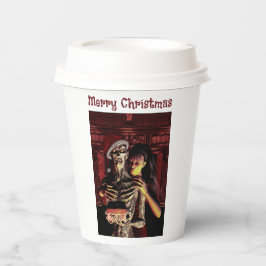 Frohe Weihnachten. Lustiges Skelett mit Frau Pappbecher