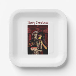 Frohe Weihnachten. Lustiges Skelett mit Frau Pappteller
