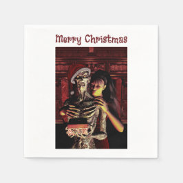 Frohe Weihnachten. Lustiges Skelett mit Frau Serviette