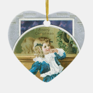 "Frohe Weihnachten" Mädchen in Blau Keramik Ornament