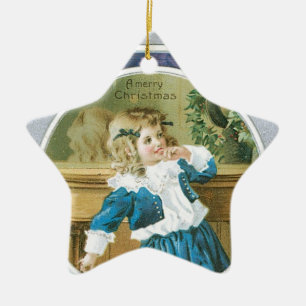 "Frohe Weihnachten" Mädchen in Blau Keramikornament