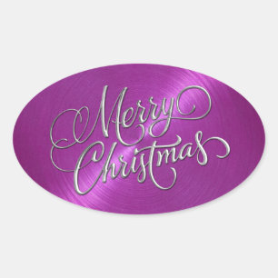 Frohe Weihnachten Magenta Embossed Look Ovaler Aufkleber