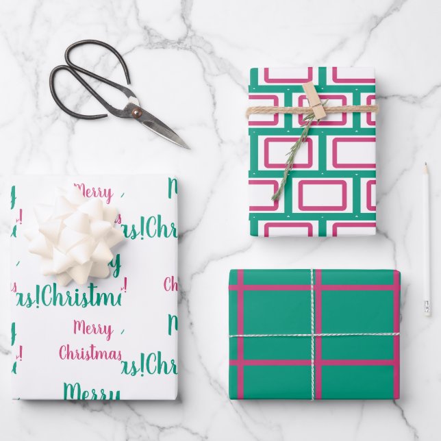 Frohe Weihnachten Magenta Hot Pink Emerald Green Geschenkpapier Set (Vorderseite)