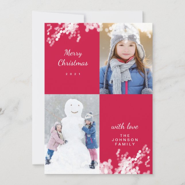 Frohe Weihnachten Magenta Snowy Minimal Family Fot (Vorderseite)