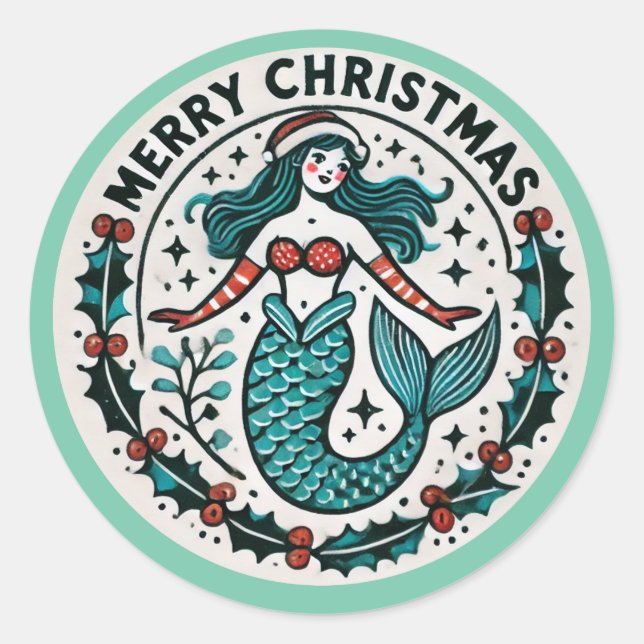 Frohe Weihnachten Mermaid Runder Aufkleber (Vorderseite)