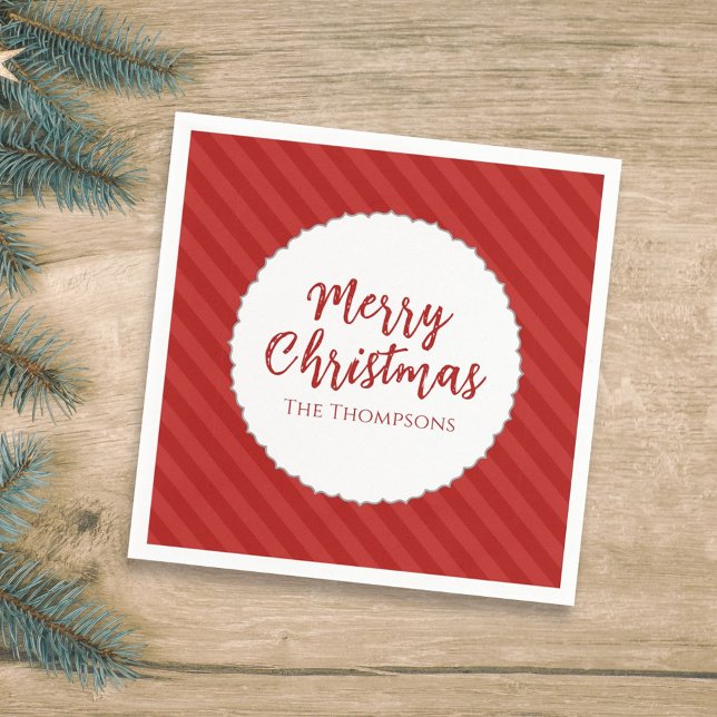 Frohe Weihnachten Minimalistisch einfach gestriche Serviette (Simple red striped Merry Christmas napkins with modern minimalist holiday style.)