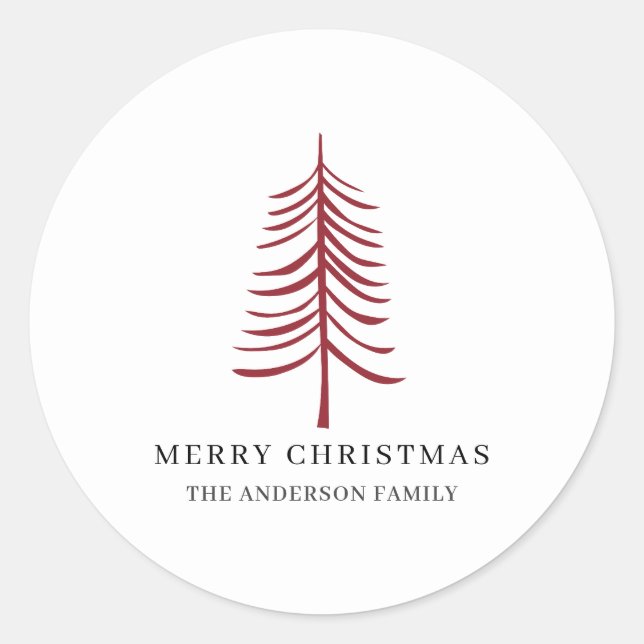 Frohe Weihnachten Minimalistisch Red Modern Tree Runder Aufkleber (Vorderseite)