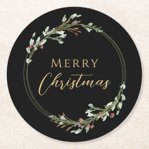 Frohe Weihnachten Minimalistischer Kranz Schwarz Runder Pappuntersetzer