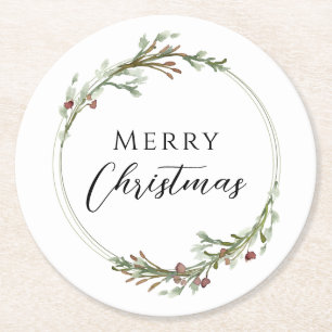 Frohe Weihnachten Minimalistischer Kranz Weiß Runder Pappuntersetzer