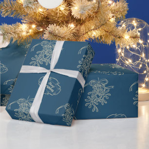 Frohe Weihnachten Mistelzweig Kalligrafie Blau Geschenkpapier