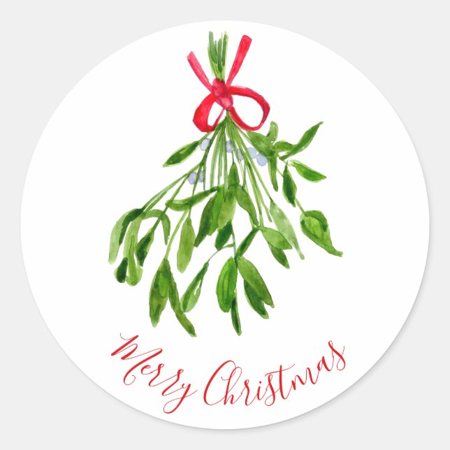 Frohe Weihnachten Mistletoe Wasserfarbenwelt Runder Aufkleber (Vorderseite)