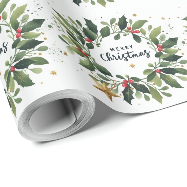 Frohe Weihnachten Mistletoe Wreath Geschenkpapier (Rolleneckpunkt)