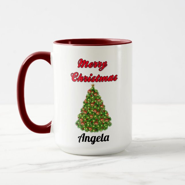 Frohe Weihnachten mit Baum Ihr Name Tasse (Links)