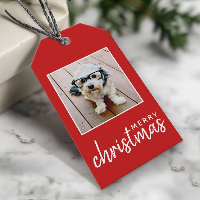 Frohe Weihnachten mit einem Platz Fotos - rot Geschenkanhänger (Custom Photo Gift Tag - Add your pictures and text)