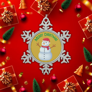Frohe Weihnachten mit einem Schneemann   Schneeflocken Zinn-Ornament