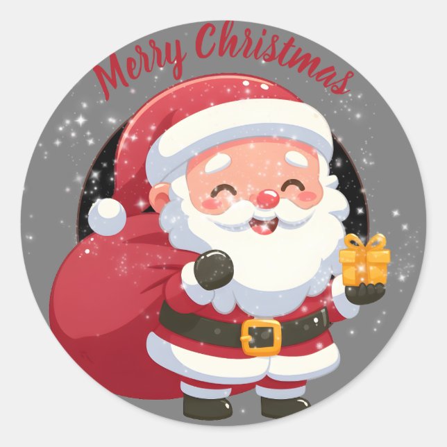 Frohe Weihnachten mit Geschenk auf schwarz und gra Runder Aufkleber (Vorderseite)
