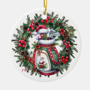 Frohe Weihnachten mit Golfschläger und Kranz Keramik Ornament