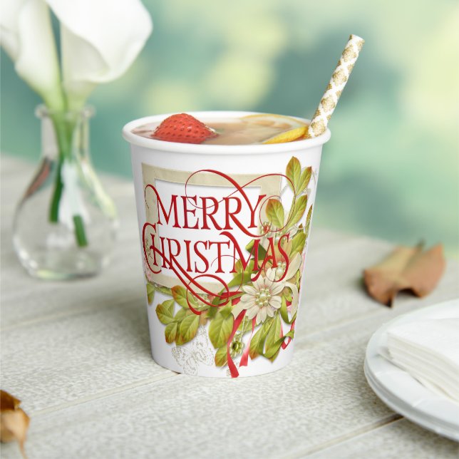 Frohe Weihnachten mit grünen Florals Pappbecher (In Situ)