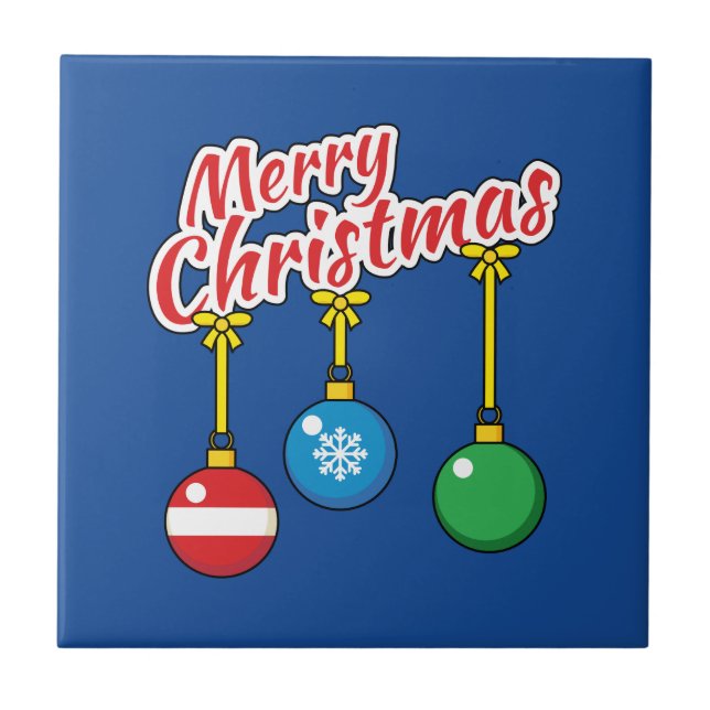 Frohe Weihnachten mit hängenden Kugeln Fliese (Vorderseite)