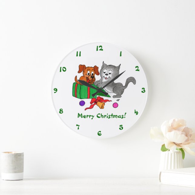Frohe Weihnachten mit Katze und Hund Große Wanduhr (Zuhause)