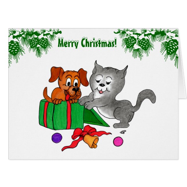 Frohe Weihnachten mit Katze und Welpe (Vorderseite (Horizontal))