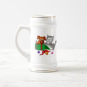 Frohe Weihnachten mit Katze und Welpe Bierglas