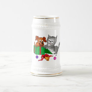 Frohe Weihnachten mit Katze und Welpe Bierglas