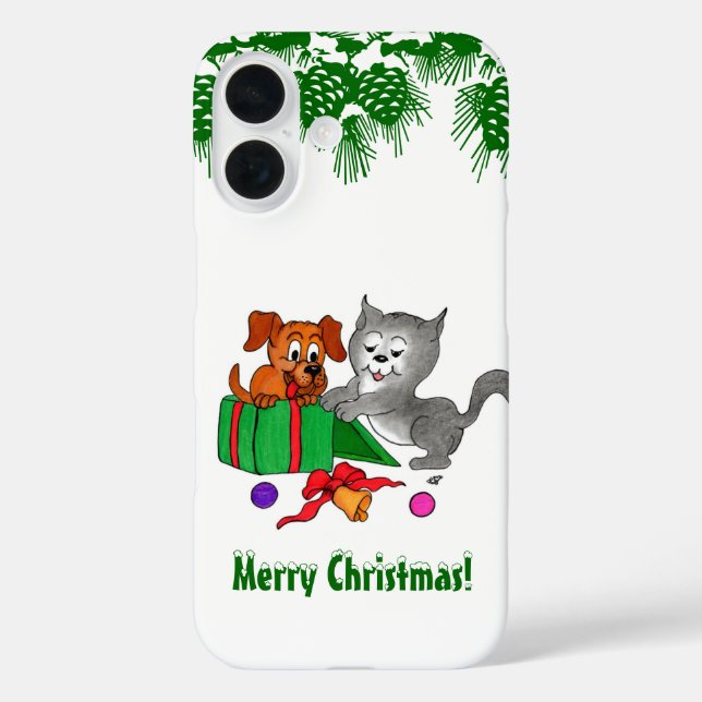 Frohe Weihnachten mit Katze und Welpe iPhone 16 Hülle (Rückseite)