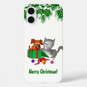 Frohe Weihnachten mit Katze und Welpe iPhone 16 Plus Hülle