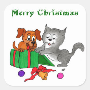 Frohe Weihnachten mit Katze und Welpe Quadratischer Aufkleber