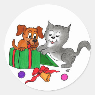 Frohe Weihnachten mit Katze und Welpe Runder Aufkleber