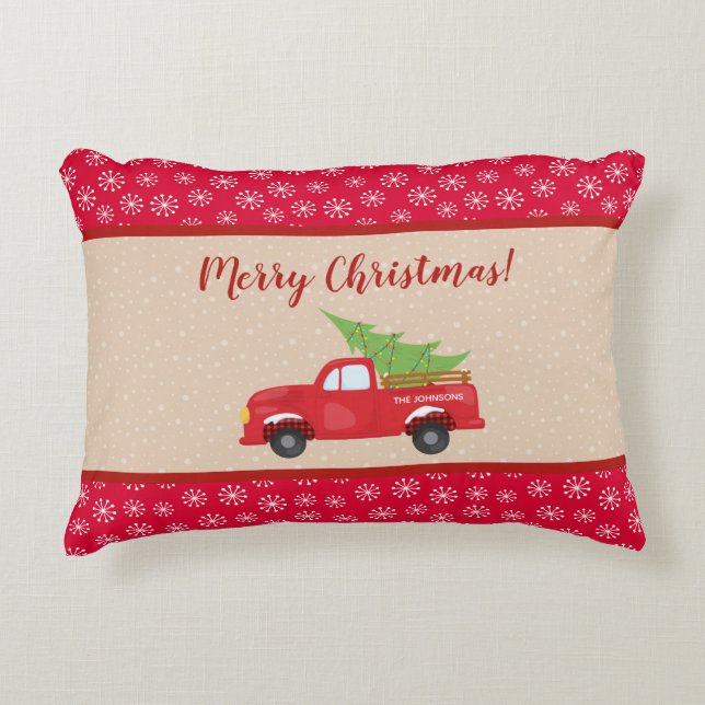Frohe Weihnachten mit LKW und Baum, Familienname Dekokissen (Vorderseite)