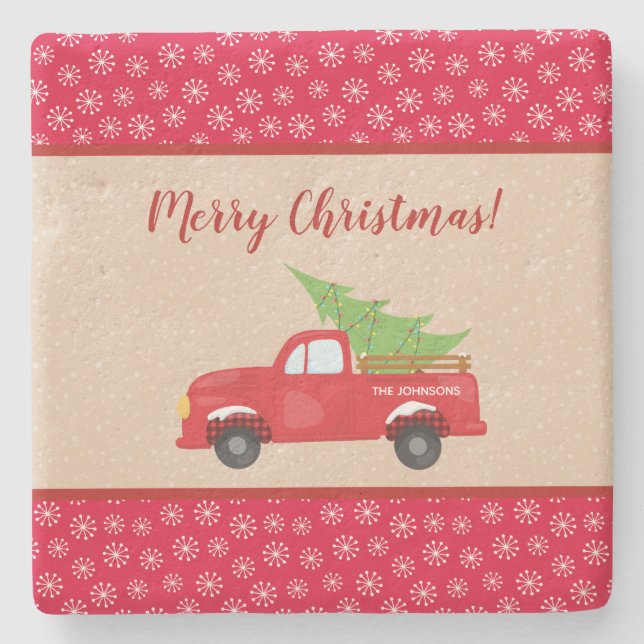 Frohe Weihnachten mit LKW und Baum, Familienname Steinuntersetzer (Vorderseite)
