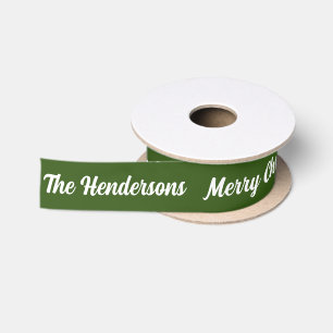 Frohe Weihnachten mit Namen Dunkelgrün und Weiß Satinband