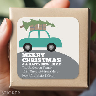 Frohe Weihnachten mit neuen Zuhause Address Moving Quadratischer Aufkleber