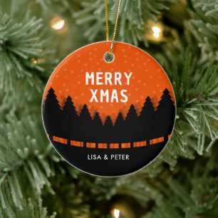 Frohe Weihnachten mit retro Wald  Keramik Ornament