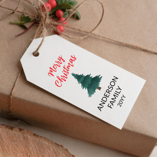 Frohe Weihnachten mit rotem Text und Weihnachtsbau Geschenkanhänger