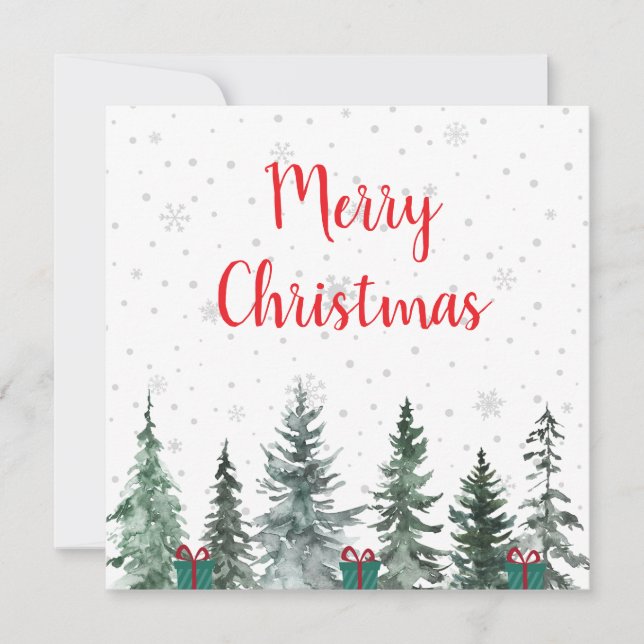 Frohe Weihnachten mit Schneeflocken, Bäumen und Ge Einladung (Vorderseite)