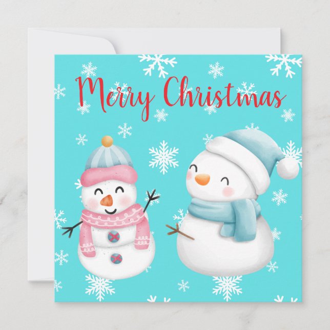 Frohe Weihnachten mit Schneeflocken, Snowman & Wom Einladung (Vorderseite)