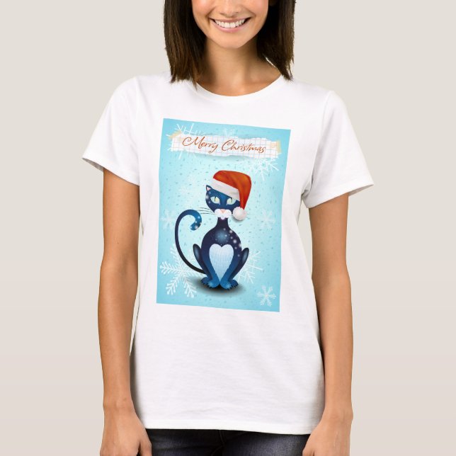 Frohe Weihnachten mit schwarzer Katze mit Santa's  T-Shirt (Vorderseite)