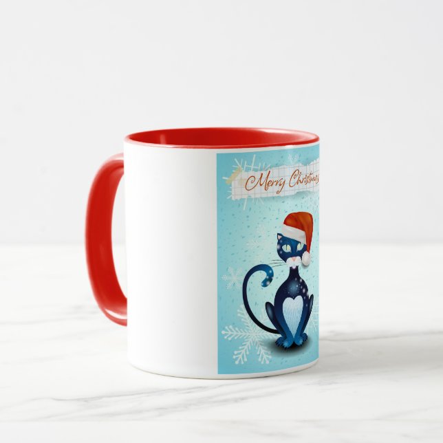 Frohe Weihnachten mit schwarzer Katze mit Santa's  Tasse (Vorderseite Links)