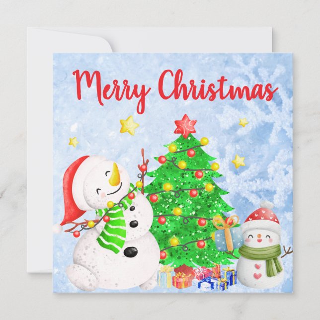 Frohe Weihnachten mit Snowman & Child mit Baum Einladung (Vorderseite)