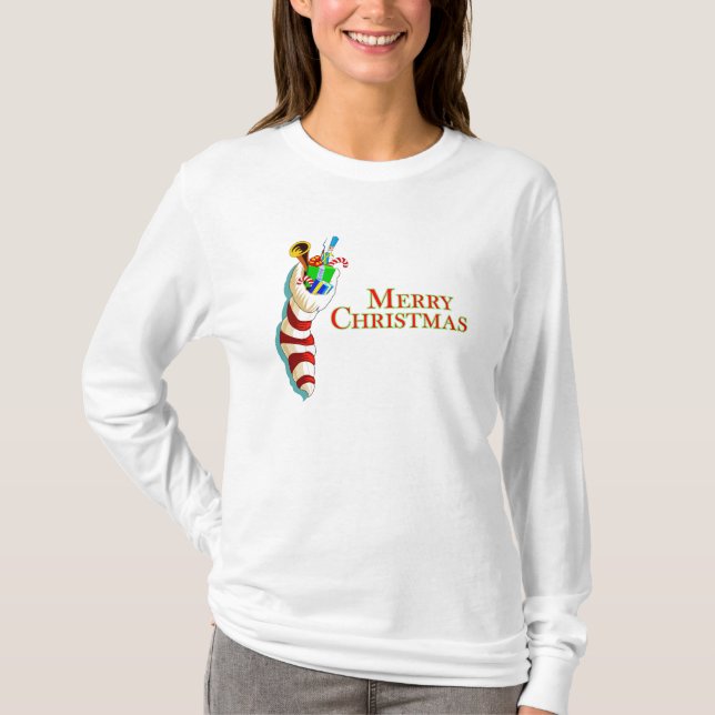 Frohe Weihnachten mit Strumpf LS Women's T-Shirt (Vorderseite)
